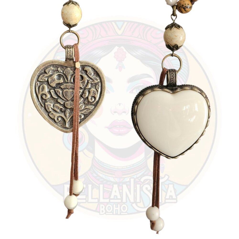 Natural Stone Beaded Long Necklace Vegan Ivory Heart